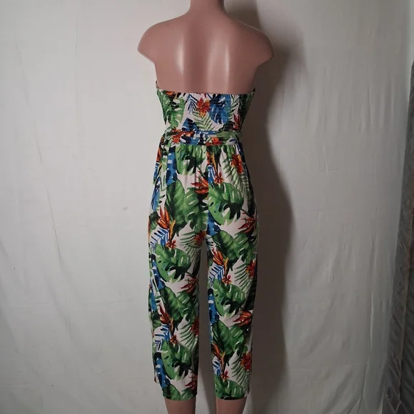 No Boundaries Strapless Tropical Floral Jumpsuit Size XS Wide Leg Summer Romper - Picture 4 of 10
